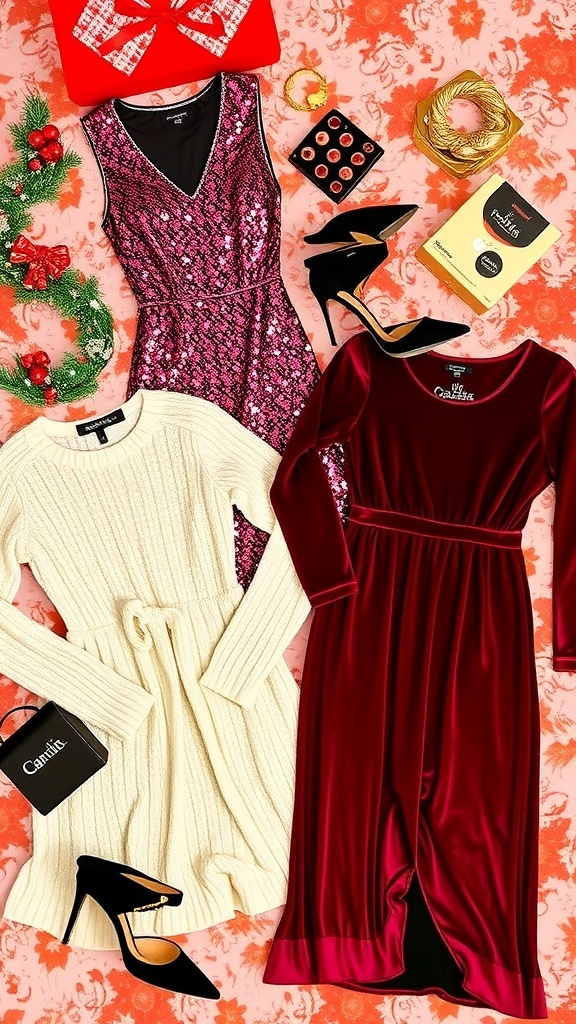 A collection of Christmas party outfits including a sequin dress, knit sweater, and accessories on a festive background.